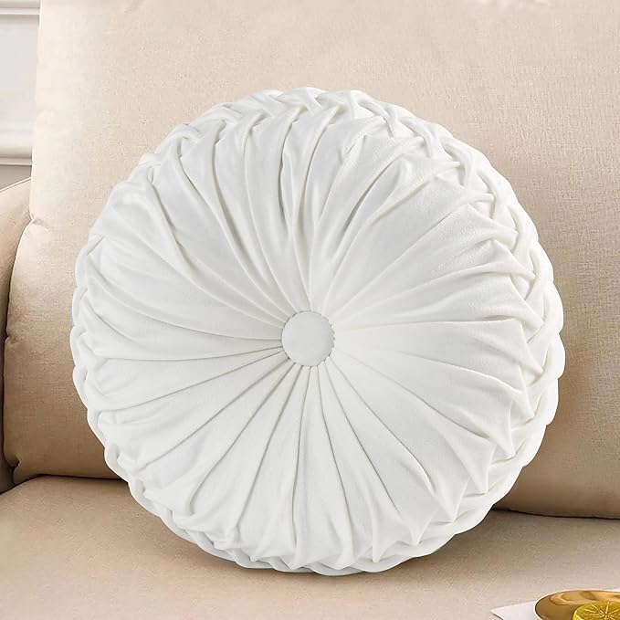 HIG Set of 2 Decorative Round Pleated Throw Pillows, Classy Accent Pumpkin Throw Pillows with Center Button, Vintage Velvet Floor Pillows for Sofa Vanity Chair Bed, White, 14.5" Diameter(Ripple)