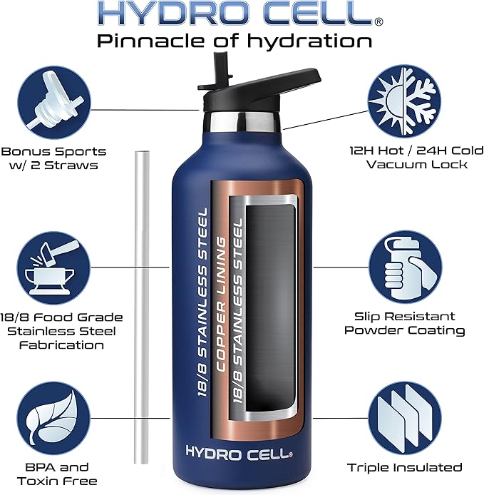 HYDRO CELL Stainless Steel Water Bottle with Straw & 2 Standard Mouth Lids (32oz 24oz 20oz 16oz) Keeps Liquids Hot or Cold w/Double Wall Vacuum Insulated Leak Proof Sport Design (Navy 32oz)