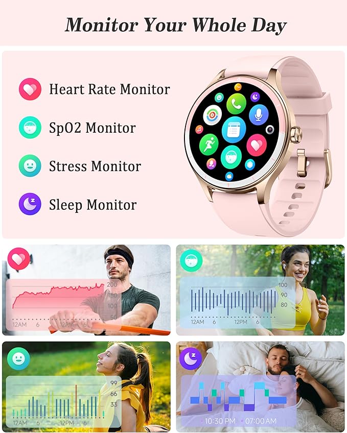 Smart Watch, 41mm Fitness Tracker, Answer/Make Calls, Digital Smartwatch with Heart Rate/Stress/Sleep Monitor, AI Voice, IP68 Waterproof Watch Calculator, Calendar, Games for Lady Women & Men