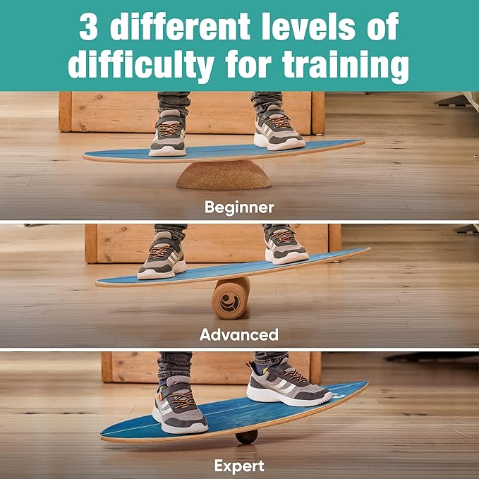 Wooden Balance Board - unique [incl. corc roller, corc hemisphere and balance ball] Balance Board Kids - Balance Boards for Adults - Indo Board Mobo Board Gibbon Board Giboard Slackboard Balancing