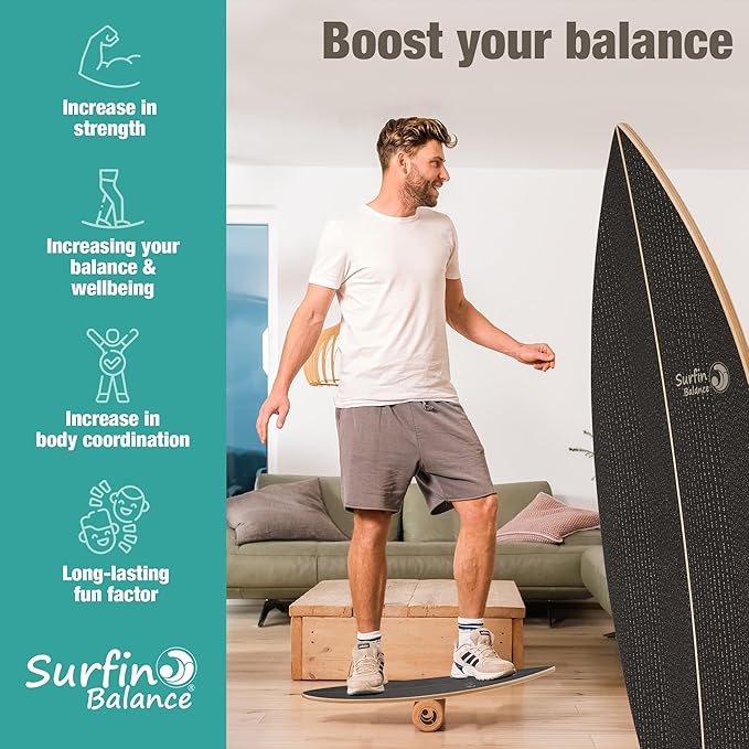 Wooden Balance Board - unique [incl. corc roller, corc hemisphere and balance ball] Balance Board Kids - Balance Boards for Adults - Indo Board Mobo Board Gibbon Board Giboard Slackboard Balancing