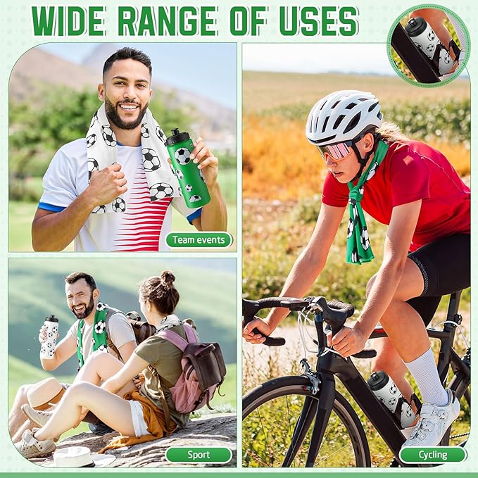 24 Pcs Soccer Water Bottle Soccer Cooling Towel Set with 50 Sticker Sports Party Favors Include 6 Reusable Sports Squeeze Water Bottle 6 Ice Towel Breathable Fast Drying for Team Gifts