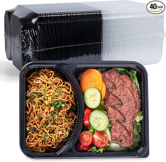 YANGRUI Takeout Containers with Lid 40 Pack 41 oz - Shrink Wrap 2 Compartment Leakproof | Reusable BPA Free Flexible Pure PP Plastic Food Container | Microwave & Dishwasher Safe Restaurant Lunch Boxes