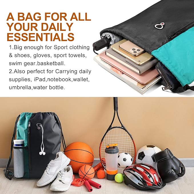 Drawstring Backpack Sports Gym Bag for Women Men Large Lightweight Backpack with Zipper and Water Bottle Mesh Pockets (Black/Teal)