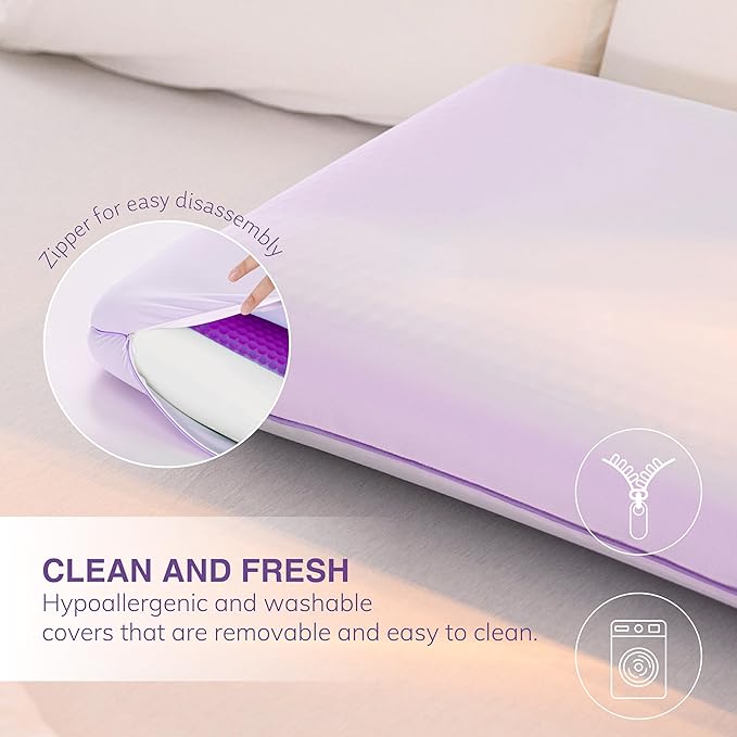 EGOHOME Cooling Gel Memory Foam Pillow - Reversible Cooling Cover, Neck Support for Side, Back and Stomach Sleepers, Removable & Machine Washable, All-Season Comfort, Standard Size, Purple
