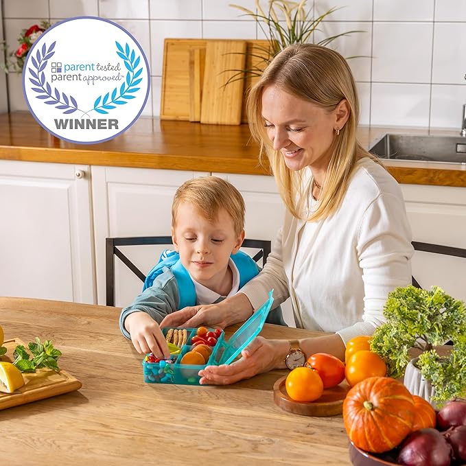 Snack Box Containers Set of 2-Reusable,100 Dissolvable Labels, 8 Adjustable Compartments, Dishwasher Safe, BPA-Free, Meal Prep Container, PARENT TESTED PARENT APPROVED AWARD (2 Pack) (Blue)