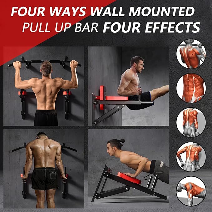ONETWOFIT Wall Mounted Pull Up Bar, 2 in 1 Pull Up and Dip Bar Station Space Saving Multifunctional Wall Mount Chin Up Bar Indoor Outdoor Strength Training Home Gym Equipment