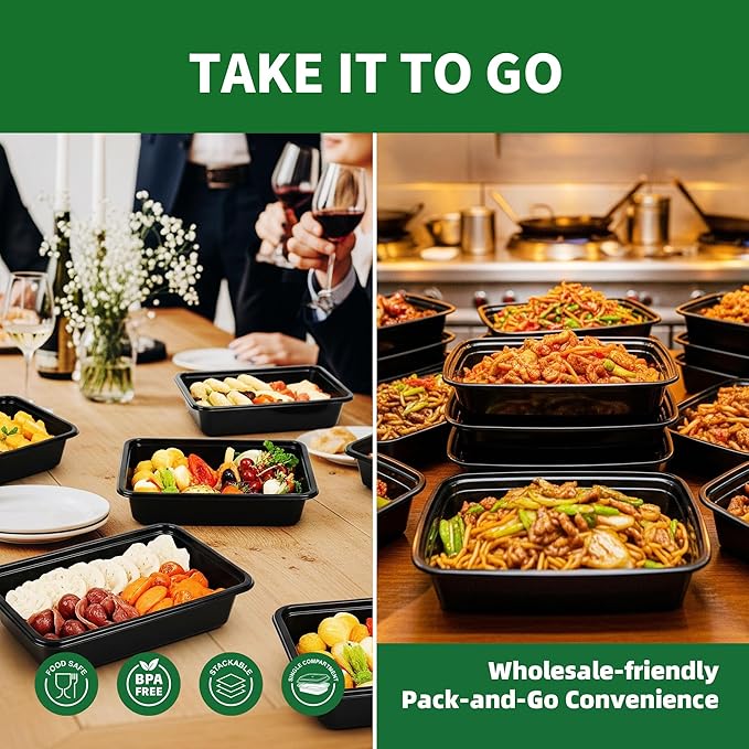 Meal Prep Containers, 50 Pack 58oz (100-Piece) Disposable Take Out Food Storage Containers with Leakproof Lids, Large Plastic To Go Lunch Boxes, BPA Free, Microwave/Dishwasher/Freezer Safe