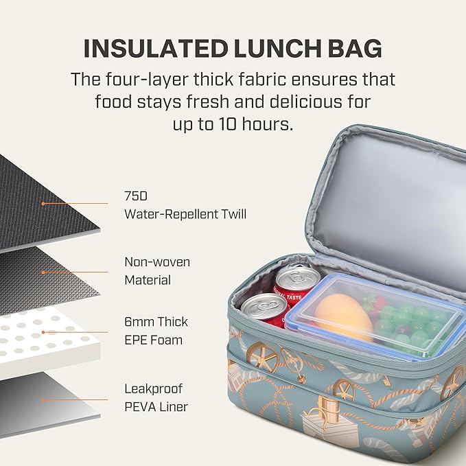 Everfun Expandable Lunch Box for Women with Container, Double Deck Lunch Bag Insulated Leakproof Large Cooler Bag with Adjustable Strap