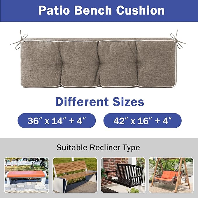 Bench Cushions for Outdoor Furniture, 36 x 14 Inch Outdoor Bench Cushion, Patio Bench Cushion with Durable Ties, Long Patio Seat Cushions for Garden, Indoor, Kitchen&Dining, Khaki