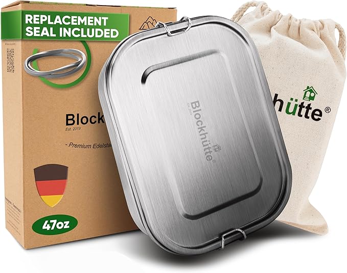 Blockhütte Stainless Steel Lunch Box for Adults I 47oz I Bento Box 3 Compartments with free Sealing, Leak-Proof Container, Metal Lunchbox for Travel, Work, Eco-Friendly Meal Storage Solution