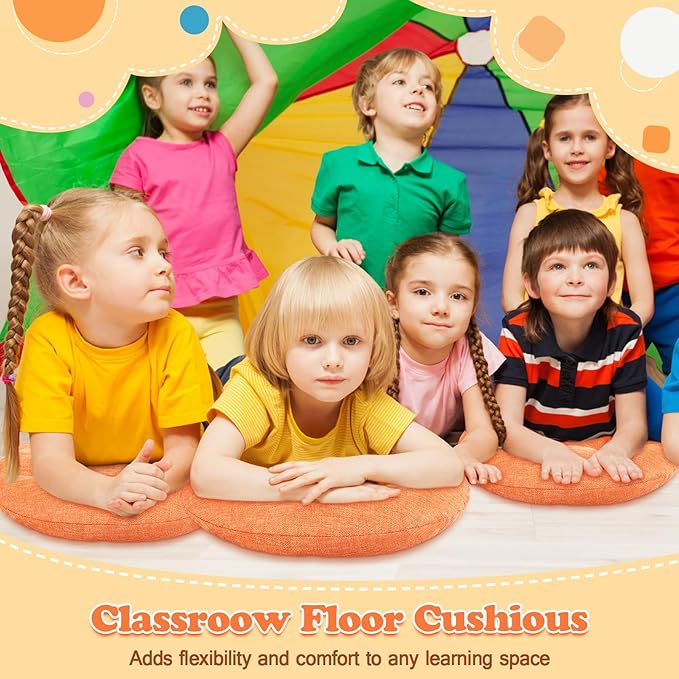Fumete 8 Pcs 16 Inch Round Floor Cushions for Kids and Toddlers, Flexible Seating Classroom Furniture Floor Pillow for Home, Daycare, Preschool, Yoga and Meditation (Orange)