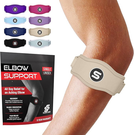 Sleeve Stars Tennis Elbow Brace for Women - Adjustable Tennis Strap, Golfers Elbow Brace for Men, Counterforce for Tennis Elbow for Tendonitis Relief, Fits 9"-23" (Single/Beige)