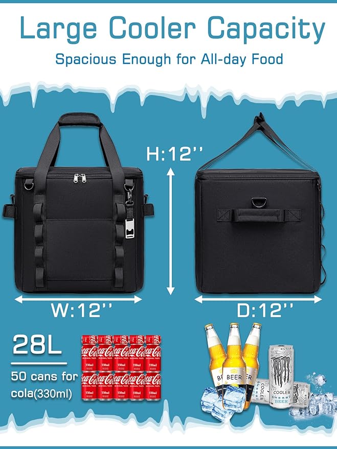 Insulated Soft Cooler Bag 12"x12"x12" Large Leakproof Soft Sided Ice Chest for Travel Beach Camping, 50 Cans Portable Cooler Box for Grocery Shopping, Road Trips