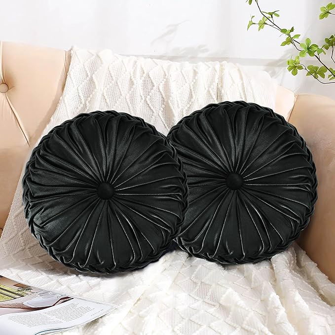 HIG Set of 2 Decorative Round Pleated Throw Pillows, Classy Accent Pumpkin Throw Pillows with Center Button, Vintage Velvet Floor Pillows for Sofa Vanity Chair Bed, Black, 14.5" Diameter(Ripple)