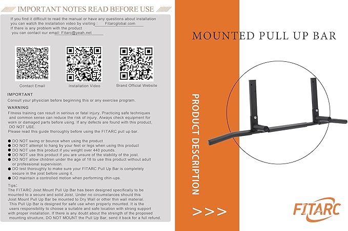 Fitarc Joist Mount Pull Up Bar, Chin Up Bar Ceiling Mount, Heavy Duty, Workout for Home Gym, 42 inch Wide -Patent Pending