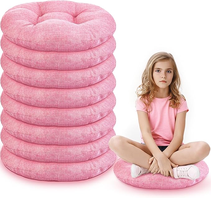 Fumete 8 Pcs 16 Inch Round Floor Cushions for Kids and Toddlers, Flexible Seating Classroom Furniture Floor Pillow for Home, Daycare, Preschool, Yoga and Meditation (Pink)