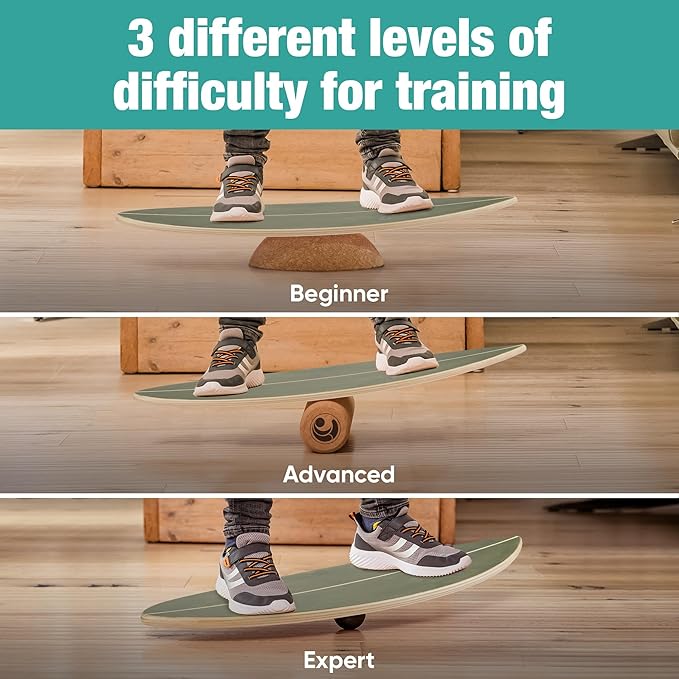 Wooden Balance Board - unique [incl. corc roller, corc hemisphere and balance ball] Balance Board Kids - Balance Boards for Adults - Indo Board Mobo Board Gibbon Board Giboard Slackboard Balancing