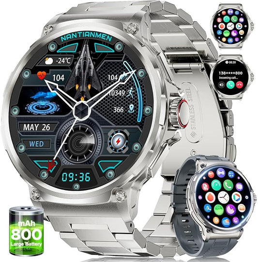 Military Smart Watch for Men,1.85" HD/800mAh Battery Smart Watches for Android iOS (Bluetooth Call Answer/Calls) Fitness Tracker with Heart Rate/Sleep Tracking/Blood Oxygen Silver