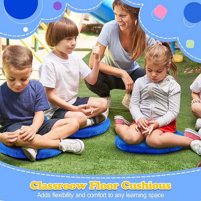 Fumete 8 Pcs 16 Inch Round Floor Cushions for Kids and Toddlers, Flexible Seating Classroom Furniture Floor Pillow for Home, Daycare, Preschool, Yoga and Meditation (Light Blue)