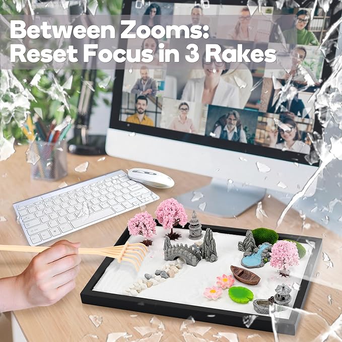 Zen Garden Kit for Desk 12x8in Premium Sand Tray Therapy Kit, Japanese Mini Zen Sand Garden Gift Set, 20 Accessories, Stress Relief Gifts, Meditation Home Office Desk Decor