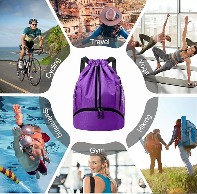 Hoedia Sports Drawstring Backpack - String Swim Gym Bag with Shoes Compartment and Wet Proof Pocket for Women and Men