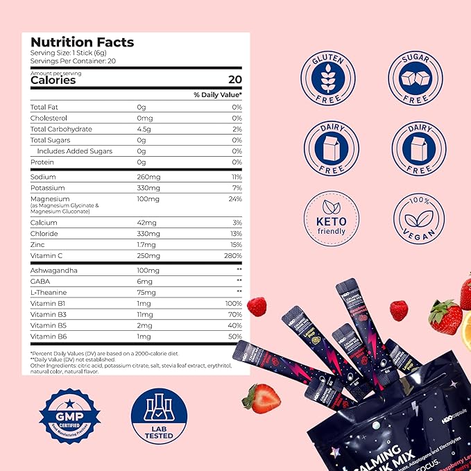 Calm Magnesium Glycinate Drink Mix with Electrolytes – Sugar Free Powder with Ashwagandha, L-Theanine, Vitamin B & GABA – Cortisol Support, Stress Relief, Hydration & Focus - 20 servings (Strawberry)