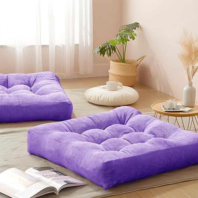 Degrees of Comfort Square Tufted Corduroy Floor Cushions, Large Pillows Seating for Adults, Meditation Pillow for Balcony Tatami Living Room, 22x22 Inch, Purple