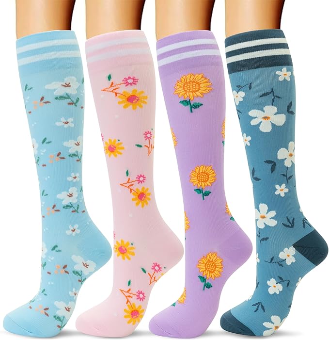 fenglaoda Compression Socks Women Men 4 Pairs, Knee High Support Socks for Running, Sports, Travel, Flight, Nurse