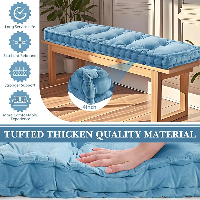 Bench Cushions for Indoor Furniture 42x16 in Velvet Kitchen Dining Piano Window Seat Cushion, Tufted Patio Porch Swing Thicken Bench Pad Memory Foam(Water Blue)