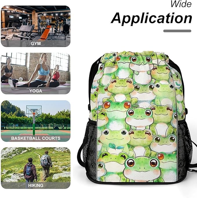 Frog Drawstring Backpack - Cute Cinch Sack, String Backpacks with Pocket for Kids Women Men Boys Girls for Gym Outdoor Sports Travel Athletic Drawstring Bag - Lightweight/Foldable
