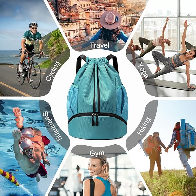 Hoedia Sports Drawstring Backpack - String Swim Gym Bag with Shoes Compartment and Wet Proof Pocket for Women/Men (Teal)