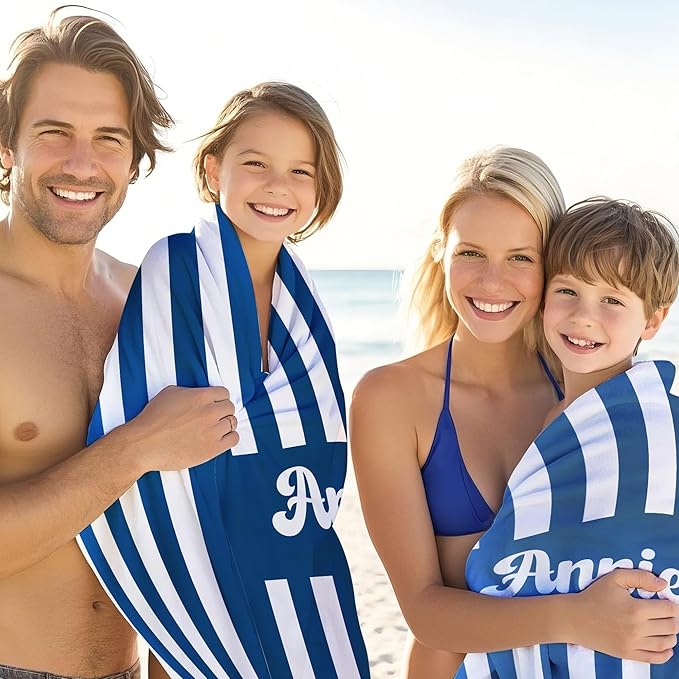 JML Personalized Beach Towel with Name, Custom Cabana Stripe Beach Towel, Customized Microfiber Pool Towel, Quick Dry & Absorbent Swim Towel for Adult,Mother's Day, Birthday, Summer Holiday,Vacation