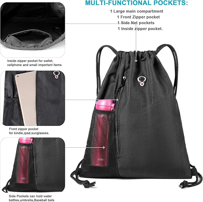 BeeGreen Mix Black Drawstring-Backpack-Gym-Bag, Large Sports Bag For Women W Water Bottle Pocket &Front Zippered Pocket, String Sackpack For Traveling Yoga Beach Outdoor