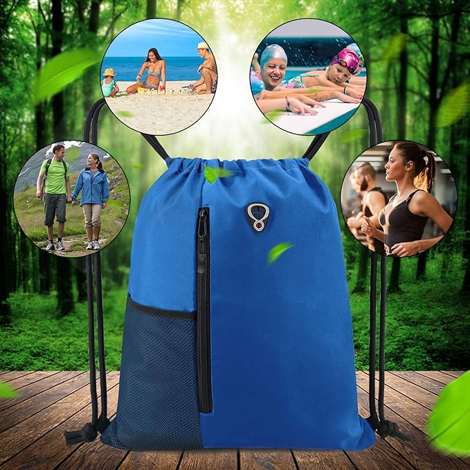 BeeGreen Royalblue Draw Strap Backpack For Men With Water Bottle Pocket &Front Zippered Pocket Large String Bags For Traveling Yoga Beach Outdoor Gym