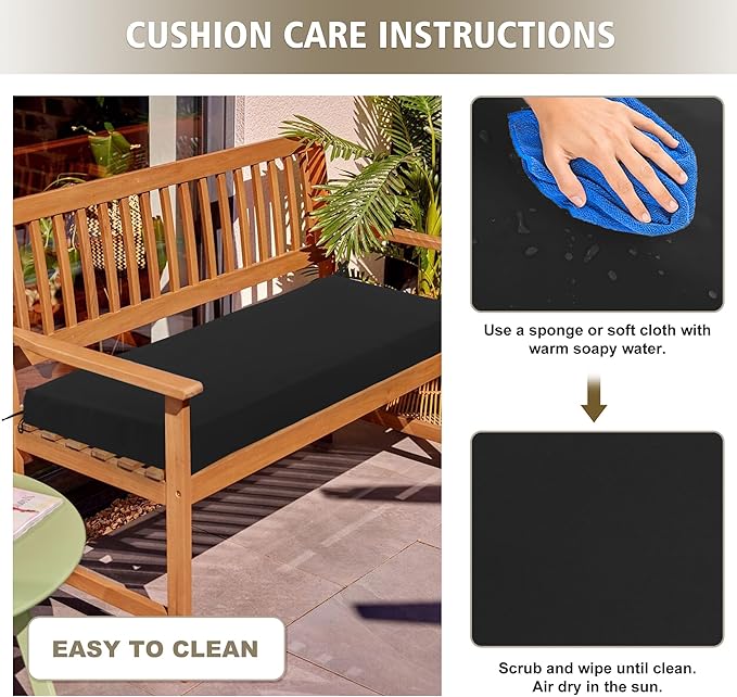 Outdoor Bench Cushion Waterproof 45"x18" – Fade-Resistant Patio Furniture Cushion with Ties for Porch Swing, Loveseat, or Indoor Bench Replacement, Black