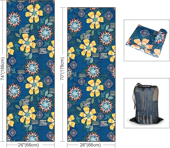 Colorful Star Yoga Towel with Corner Pockets, Non Slip Grip Dots Sweat Absorbent Hot Yoga Mat Towels, Yoga Blankets with Travel Bag, Mat Cover for Workout, Gym, Fitness - 74"x26", Blue Yellow Flowers
