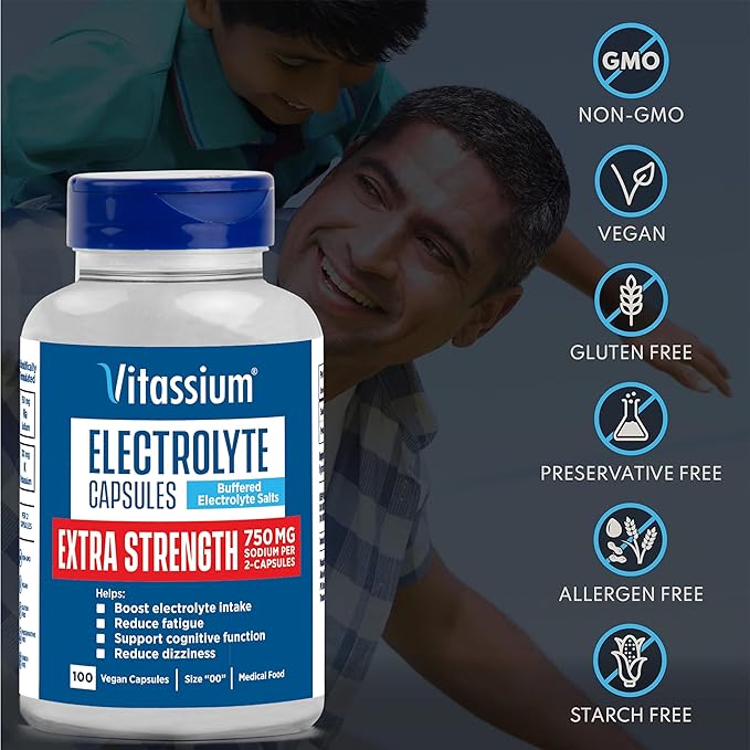 Vitassium Extra Strength Electrolyte Capsules, 750mg of Sodium for The Management of POTS and High Sodium Diets, Unflavored, 100 Salt Pills (Size 00)
