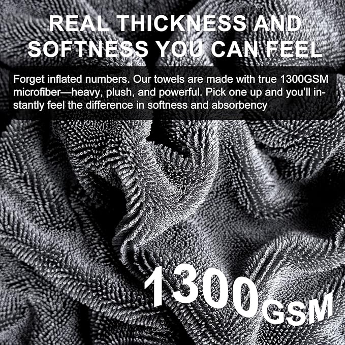 2 Pack XL Car Drying Towel – 1300GSM Ultra Absorbent Microfiber, 24"x36" Large Size, Twisted Loop, Lint-Free & Streak-Free for Auto Detailing, Car, SUV, Truck (Gray-Gray)