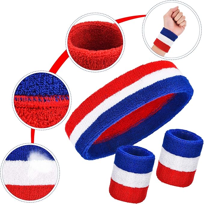 Bememo 15 Pcs Red White and Blue Sweatband Set for Men Women USA Striped Headband Football Wristband Sports Neon Accessories for 80s Costumes Cosplay Party Youth Basketball Tennis Running