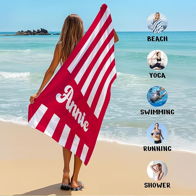 JML Personalized Beach Towel with Name, Custom Cabana Stripe Beach Towel, Customized Microfiber Pool Towel, Quick Dry & Absorbent Swim Towel for Adult,Mother's Day, Birthday, Summer Holiday,Vacation