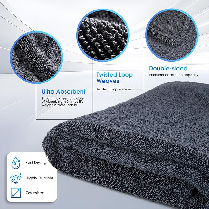 Car Drying Towel, 48"x24" Extra Large Twisted-Loop Car Cleaning Towel,1300GSM Super Absorbent, Streak Free Microfiber Cleaning Cloth for Cars, Trucks,Full-Sized SUVs