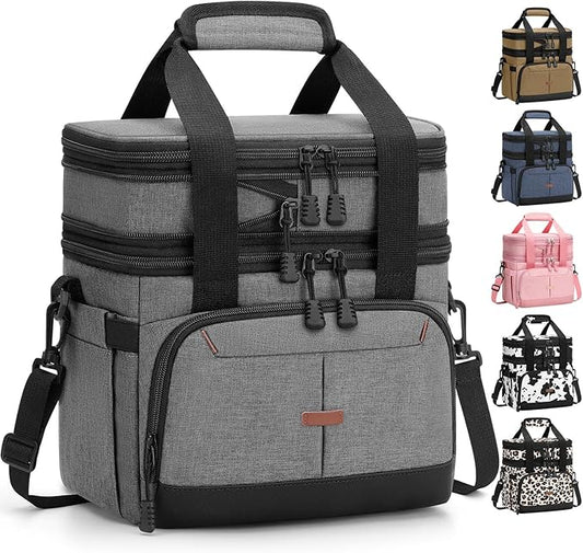 Lunch Box For Men Women Double Deck Insulated Lunch Bag For Men Woman Leakproof Expandable Cooler Bag with Adjustable Shoulder Strap for Work Picnic School(Gray‌,Medium)