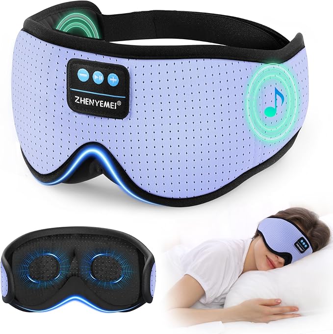 3D Sleep Mask with Bluetooth Headphones, Breathable Cotton Sleeping Headphones for Side Sleepers, Wireless Music Eye Mask with Timer, Gifts for Men Women, Purple