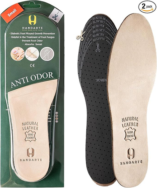HANDARTE Leather Anti Odor Insoles | Cuttable Odor Eaters Insoles Women | Shoe Deodorizer Thin Insert - Odor Eliminator for Shoes - 100% Natural Goatskin & Anti Sweat - Suitable for No-Socks (Small)