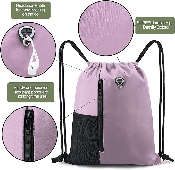 BeeGreen Lilac Drawstring Backpack Gym Bag For Men & Women – Sports Sackpack with Mesh Water Bottle Holder & 2 Zippered Pockets – Large 16x20 Inch Cinch String Backpack Workout Bag for Running, Travel