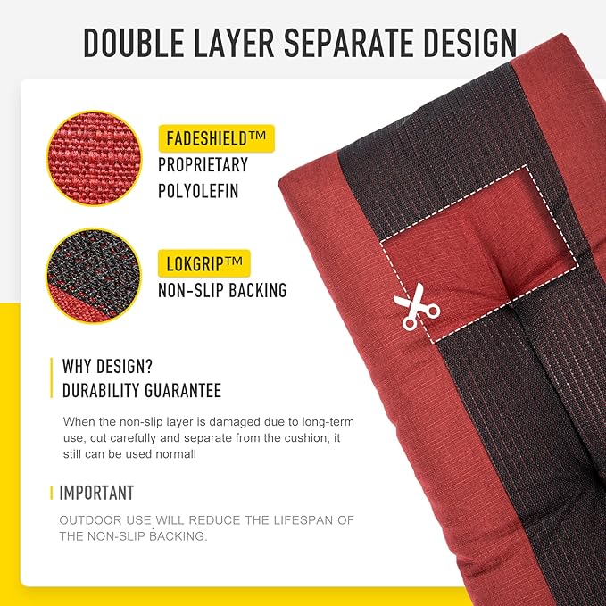 SUNROX LokGrip Non Slip Tufted Memory Foam Bench Cushion, FadeShield Water Resistant Durable Thicken Outdoor/Indoor Bench Seat Pads 59x16x4 inch, Burgundy