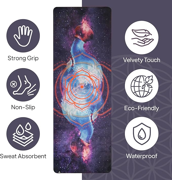 𝑯𝑰𝑮𝑯𝑻𝑶𝑷 Vegan Suede Yoga Mat – Sacral Chakra/Water Flow Design, Extra Thick 1/4” (6mm), Sweat-Grip Surface – Perfect for Yoga, Hot Yoga, Pilates & Sweaty Workouts - Free Strap Included