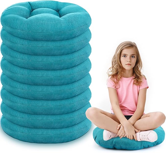 Fumete 8 Pcs 16 Inch Round Floor Cushions for Kids and Toddlers, Flexible Seating Classroom Furniture Floor Pillow for Home, Daycare, Preschool, Yoga and Meditation (Turquoise)