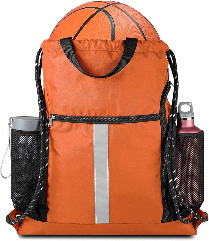 BeeGreen Orange Drawstring Backpack Bag Cinch Sack with Shoe Compartment and Two Side Mesh Pockets Lightweight Large Sturdy Drawstring Gym Sackpack For Unisex
